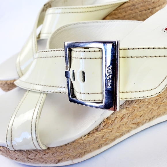 PRADA Espadrille White Leather Wedge Sandals - Picture 2 of 12